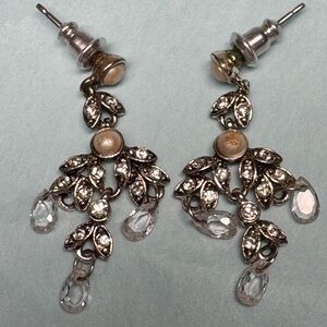 Signed Money Faux Pearl Crystal Chandelier Earrings Silver Tone Elegant Vintage